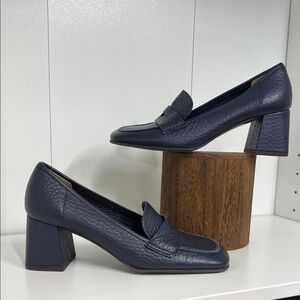 🔥🔥 Aquatalia Carolina heels NEW Navy Leather Penny Loafers with Block Heel